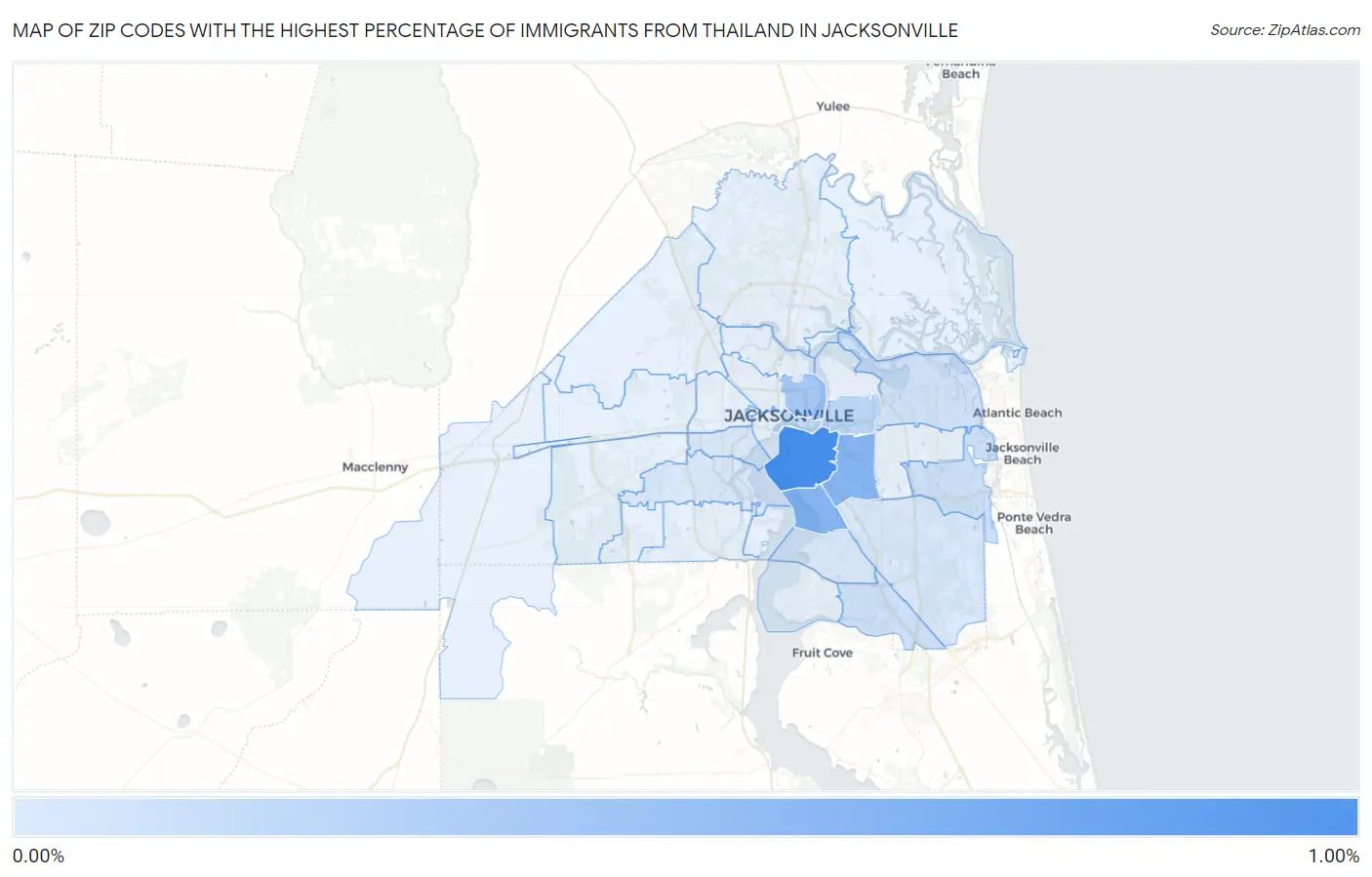 Zip Codes with the Highest Percentage of Immigrants from Thailand in Jacksonville Map