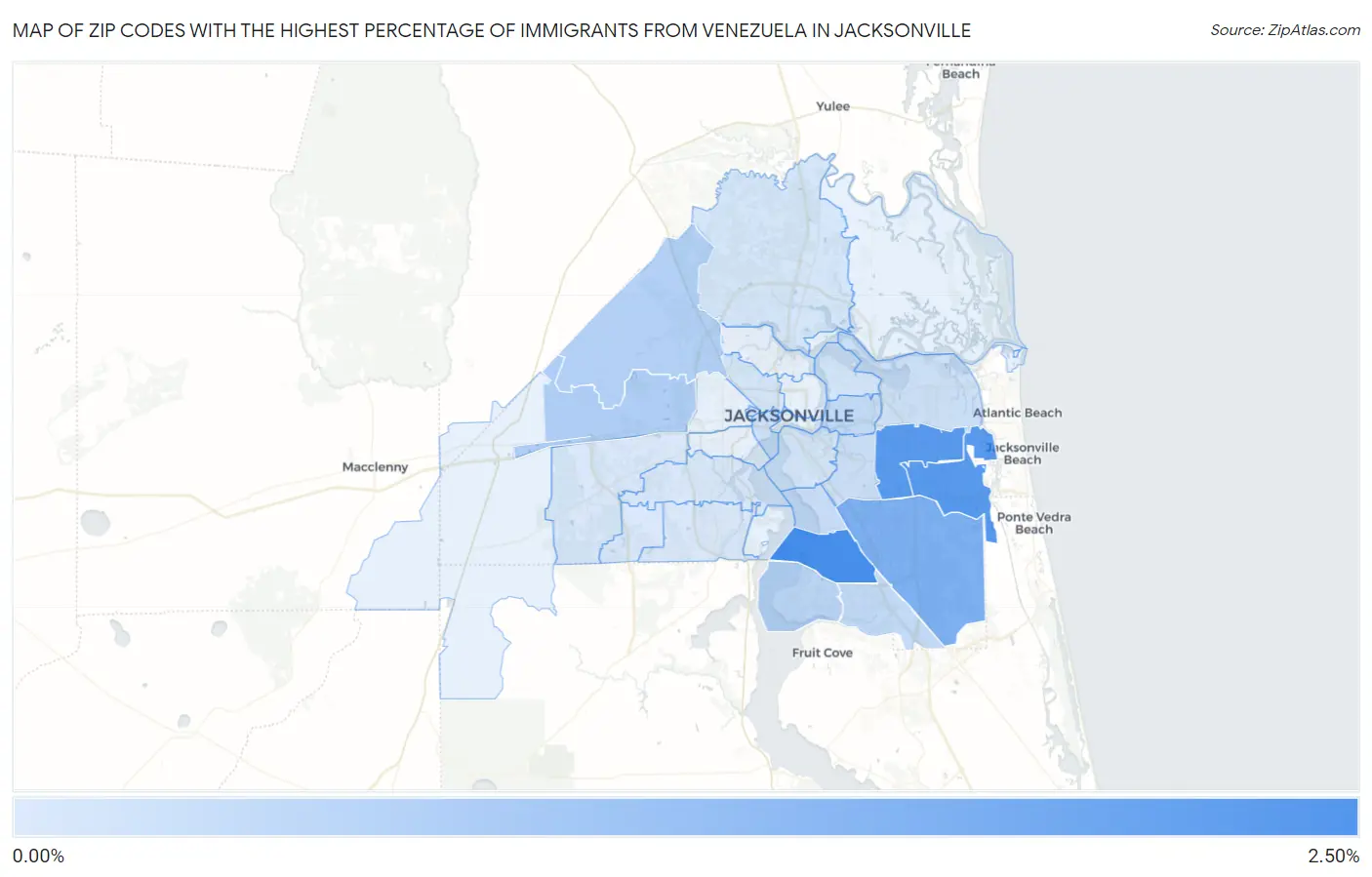 Zip Codes with the Highest Percentage of Immigrants from Venezuela in Jacksonville Map