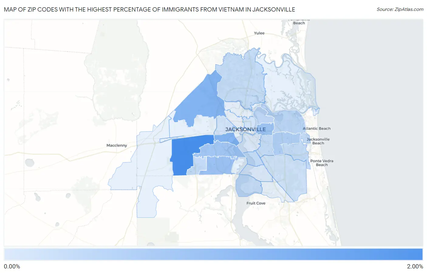 Zip Codes with the Highest Percentage of Immigrants from Vietnam in Jacksonville Map