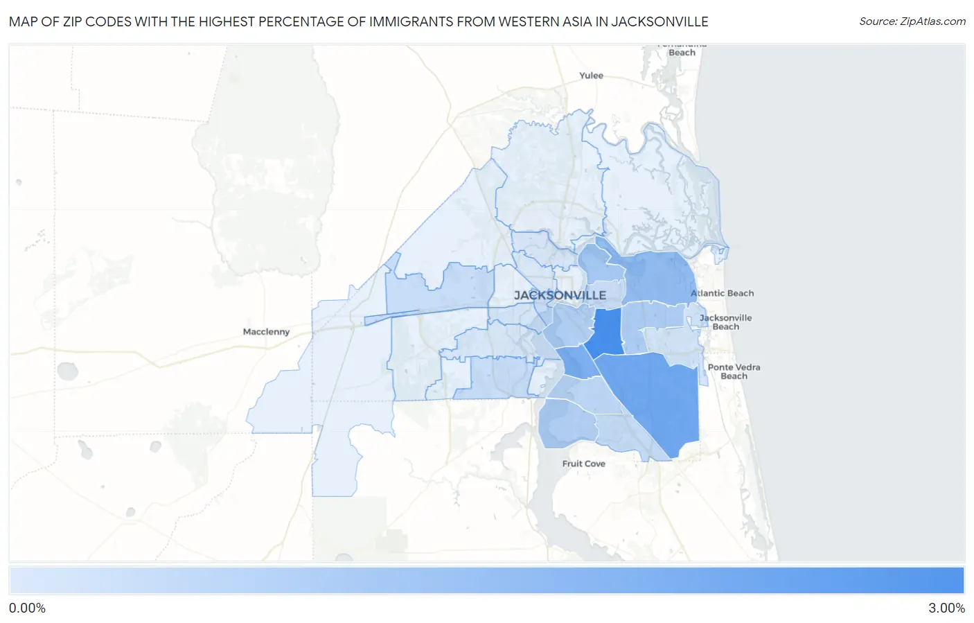 Zip Codes with the Highest Percentage of Immigrants from Western Asia in Jacksonville Map