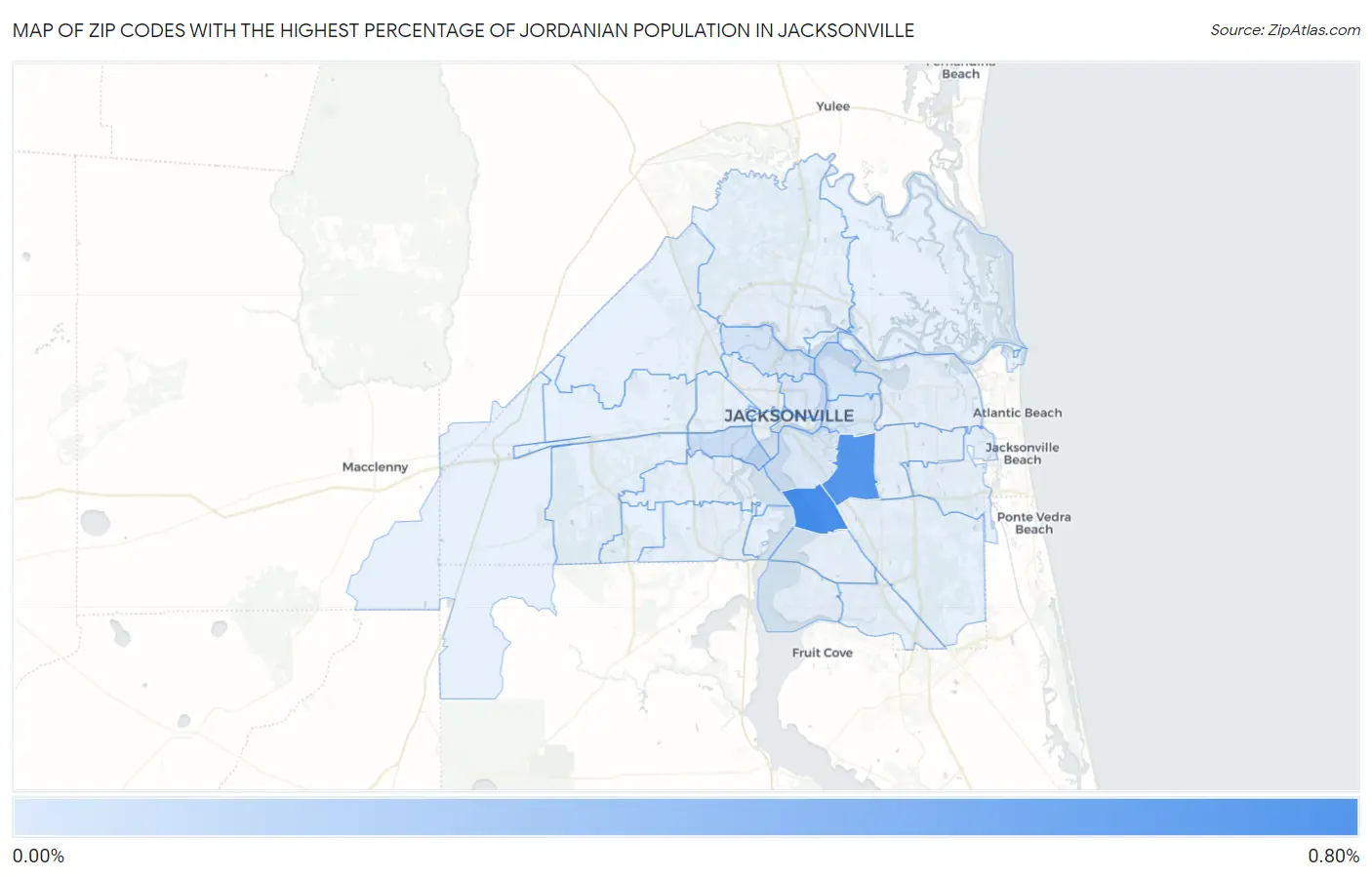 Zip Codes with the Highest Percentage of Jordanian Population in Jacksonville Map