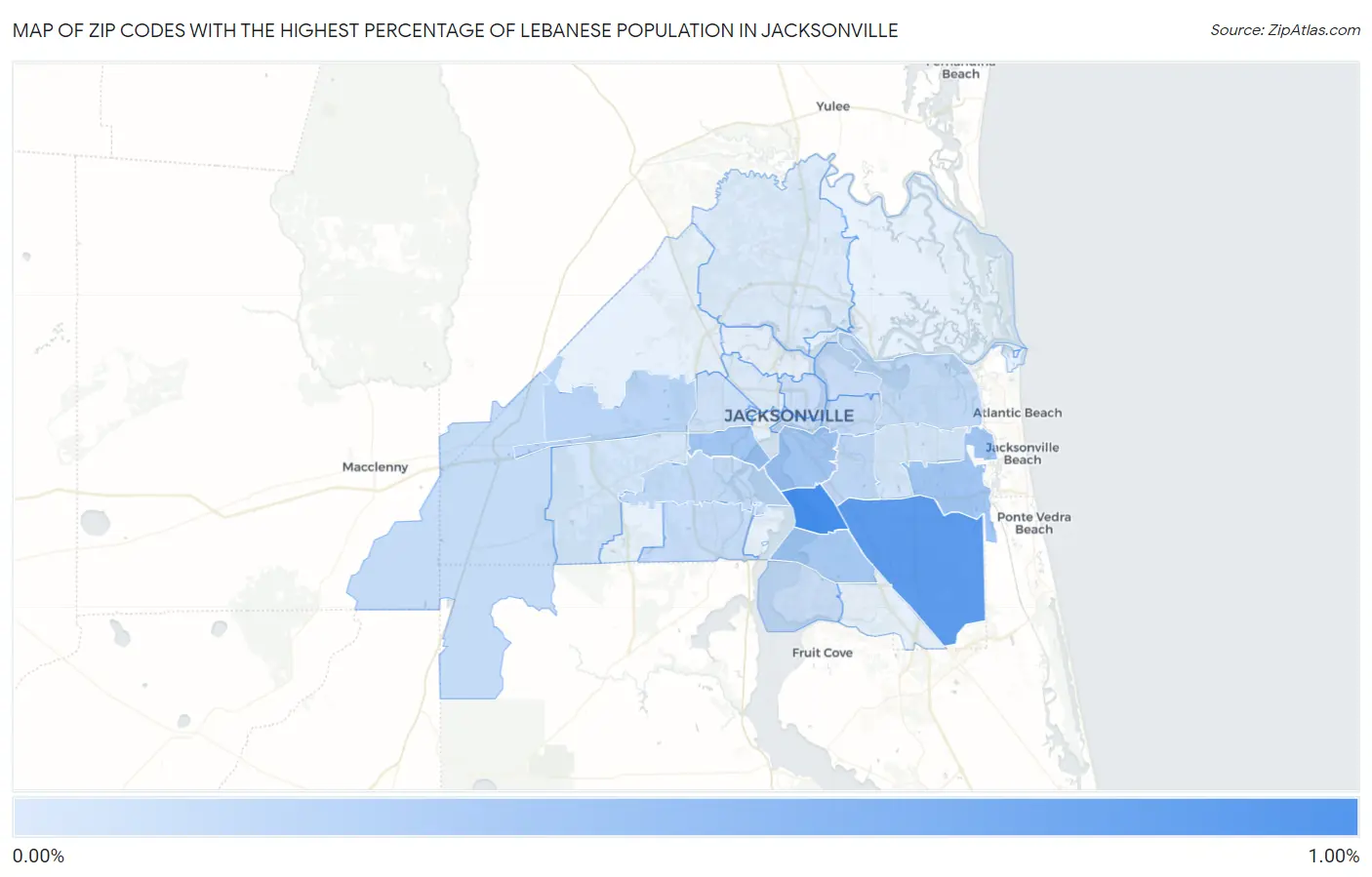 Zip Codes with the Highest Percentage of Lebanese Population in Jacksonville Map