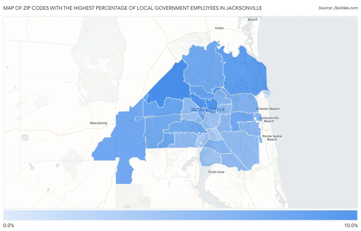 Zip Codes with the Highest Percentage of Local Government Employees in Jacksonville Map