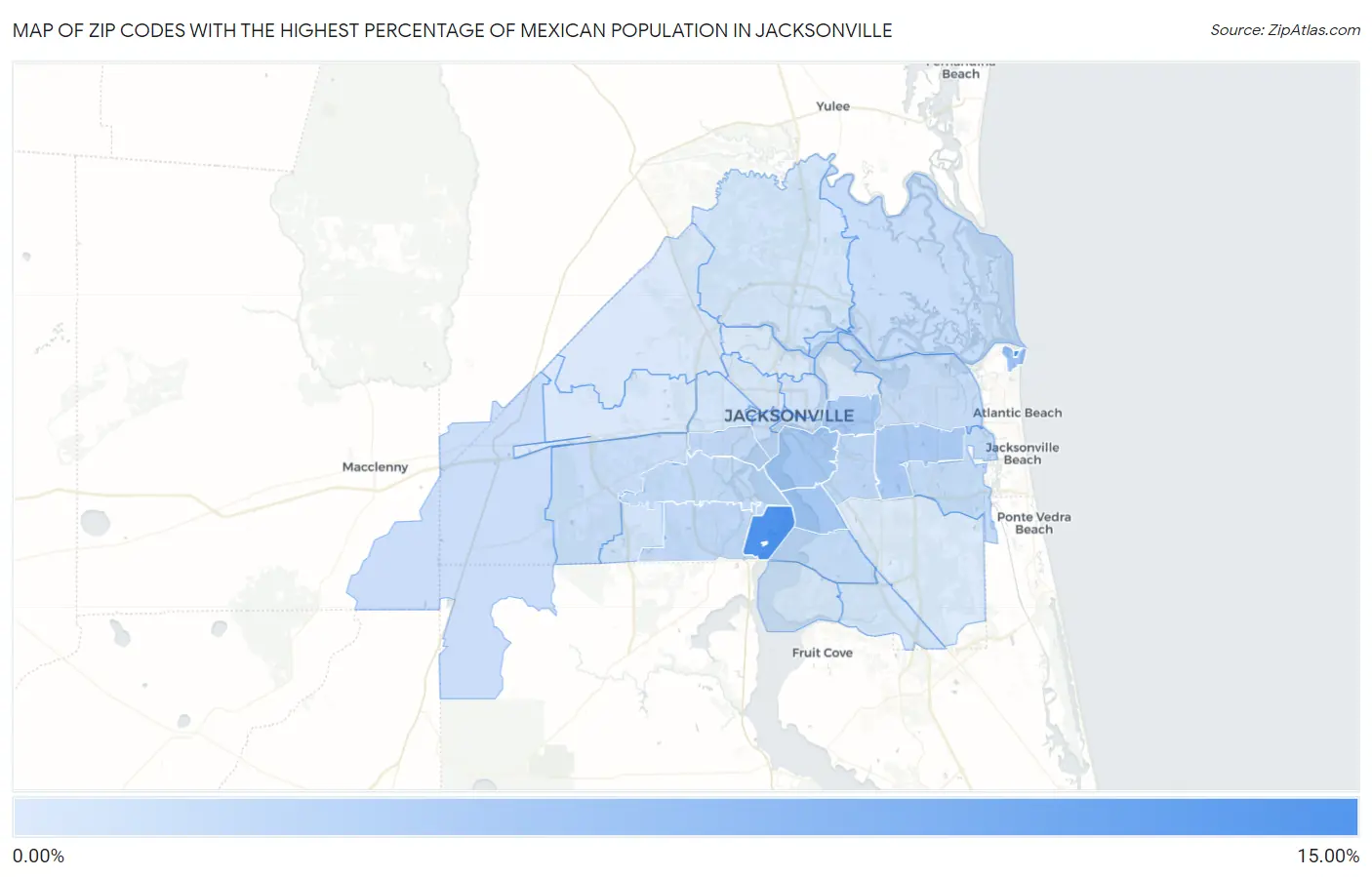 Zip Codes with the Highest Percentage of Mexican Population in Jacksonville Map