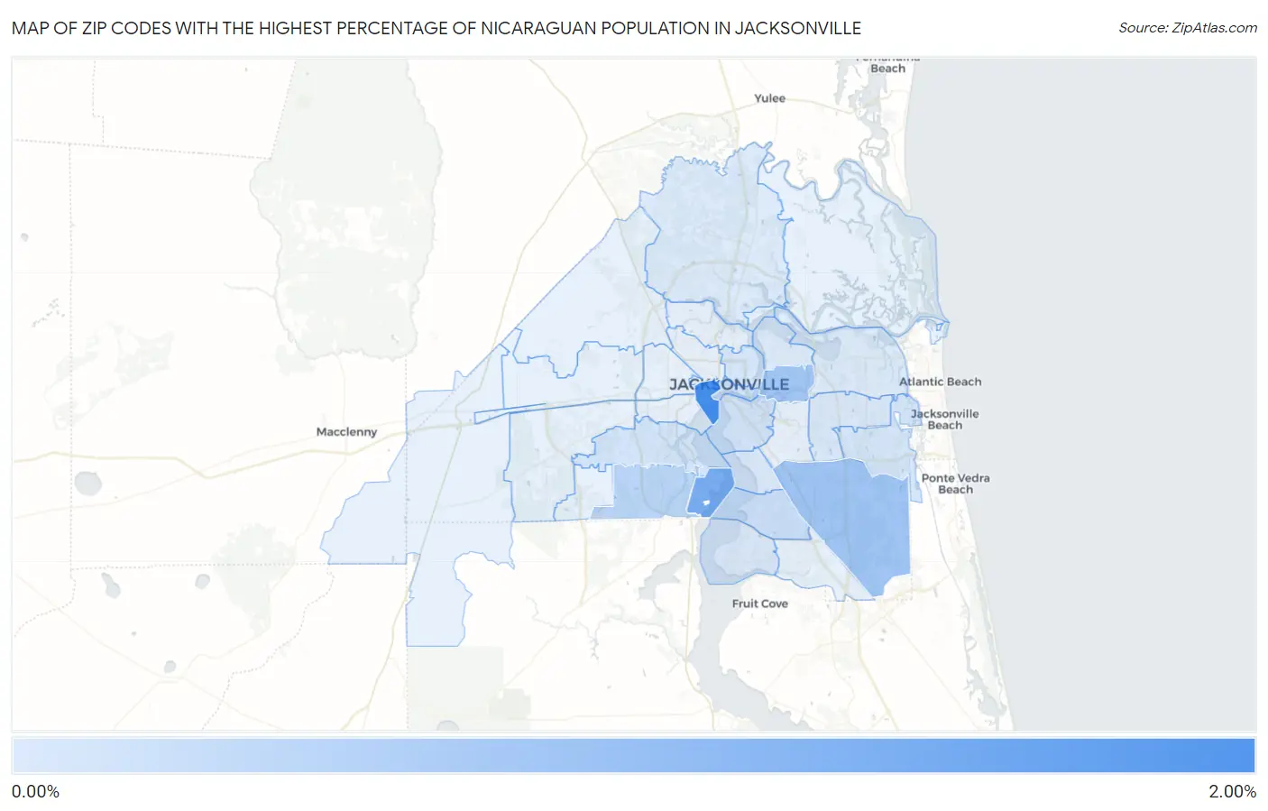 Zip Codes with the Highest Percentage of Nicaraguan Population in Jacksonville Map