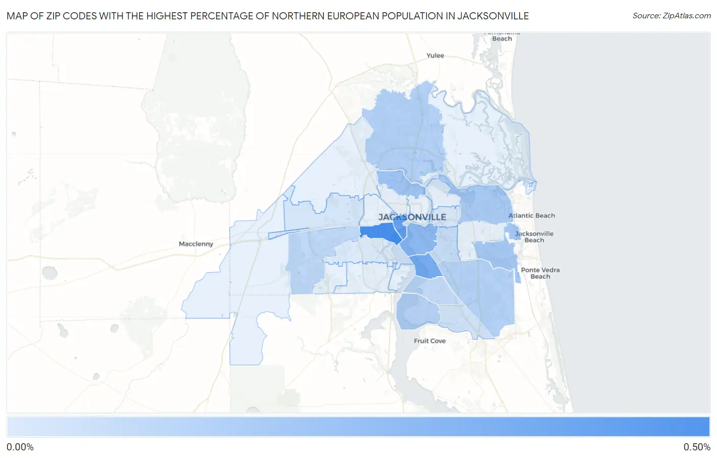 Zip Codes with the Highest Percentage of Northern European Population in Jacksonville Map