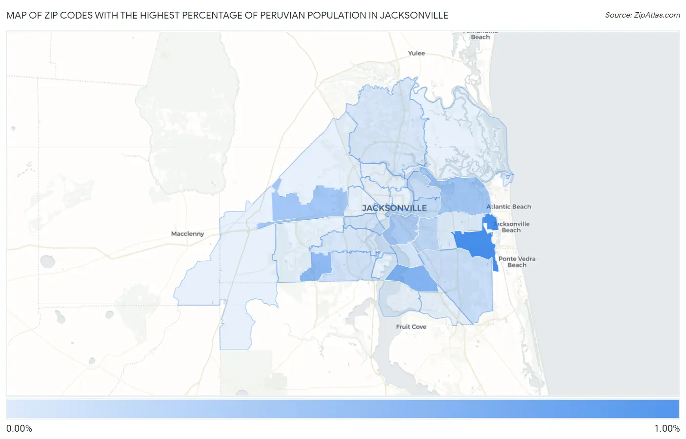 Zip Codes with the Highest Percentage of Peruvian Population in Jacksonville Map