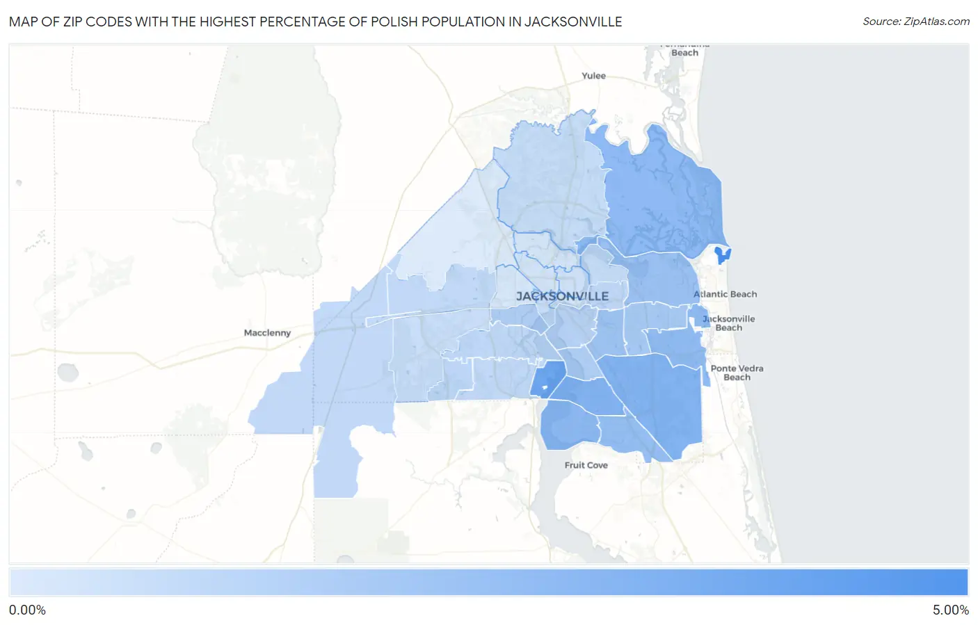 Zip Codes with the Highest Percentage of Polish Population in Jacksonville Map