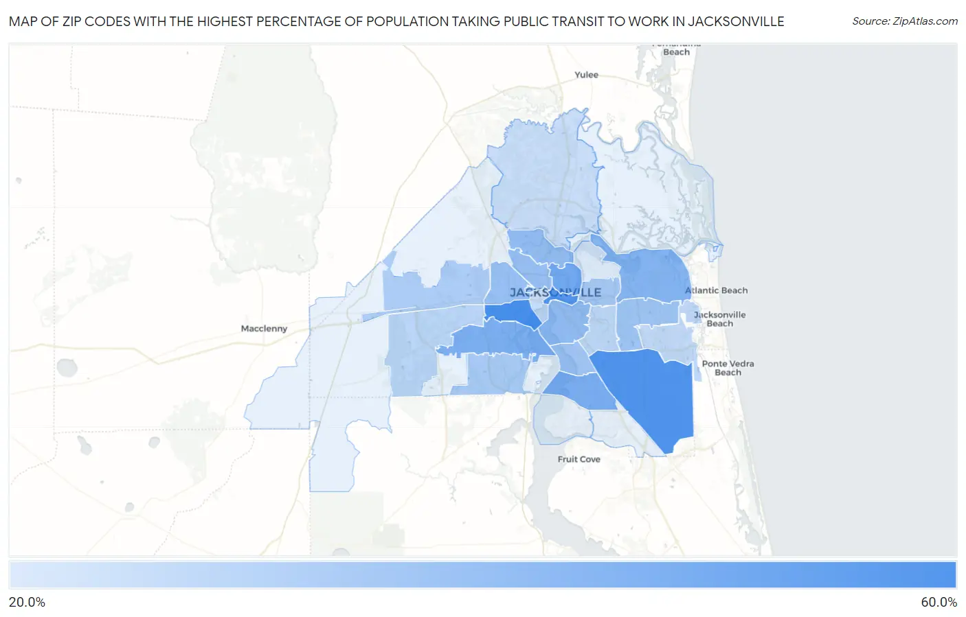 Zip Codes with the Highest Percentage of Population Taking Public Transit to Work in Jacksonville Map