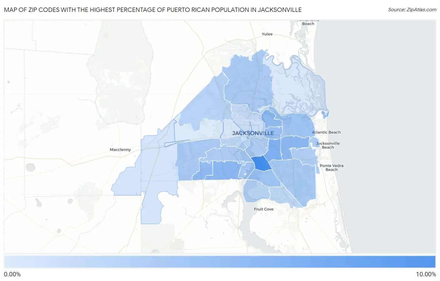 Zip Codes with the Highest Percentage of Puerto Rican Population in Jacksonville Map