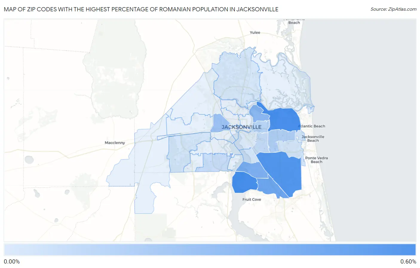 Zip Codes with the Highest Percentage of Romanian Population in Jacksonville Map