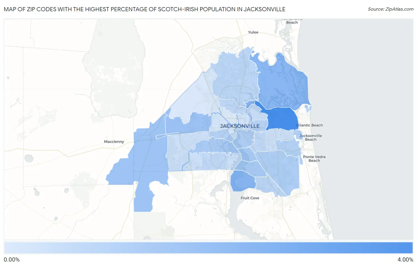 Zip Codes with the Highest Percentage of Scotch-Irish Population in Jacksonville Map