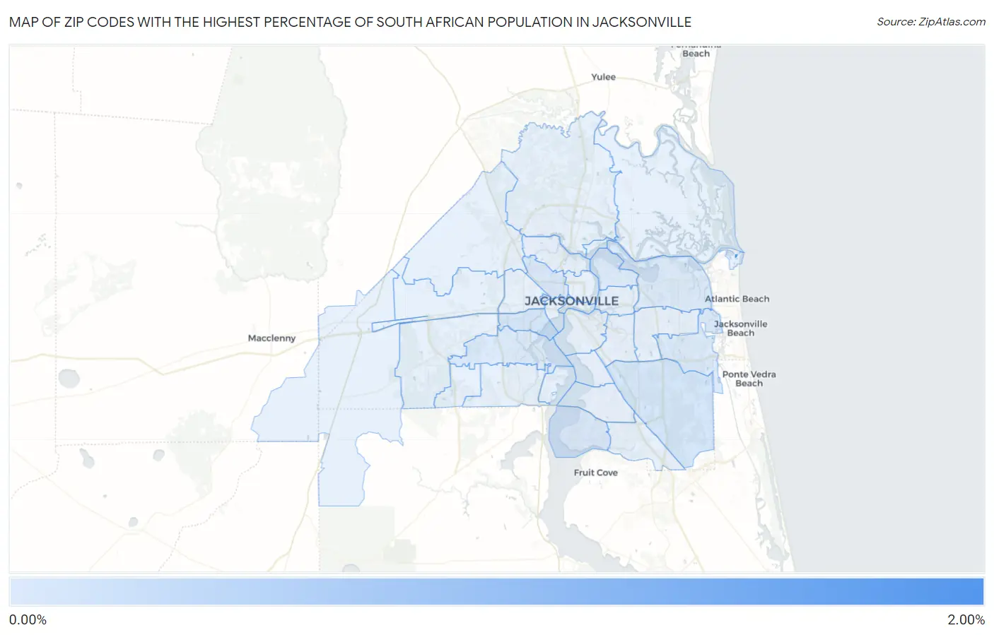 Zip Codes with the Highest Percentage of South African Population in Jacksonville Map