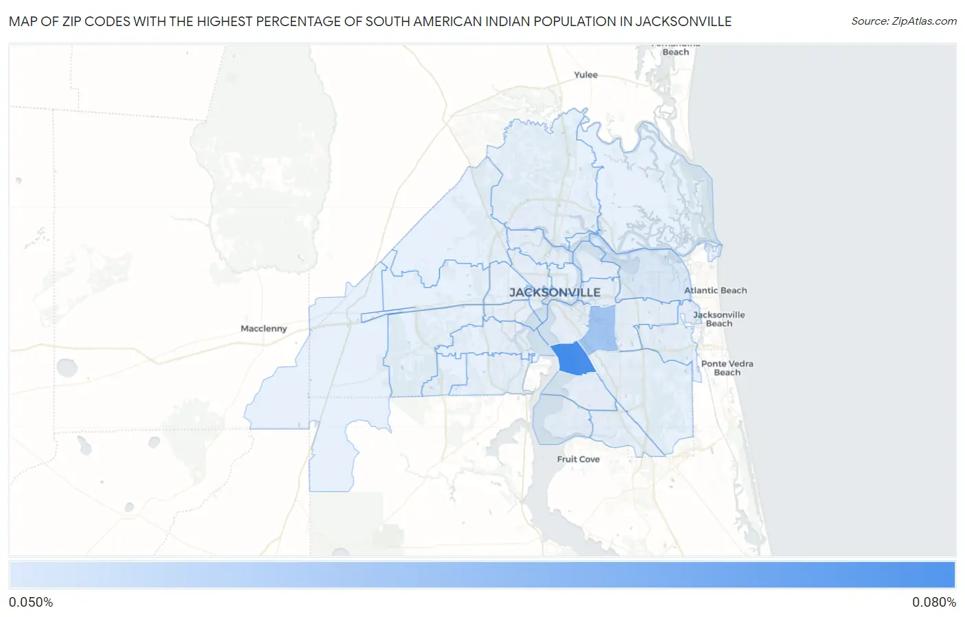 Zip Codes with the Highest Percentage of South American Indian Population in Jacksonville Map