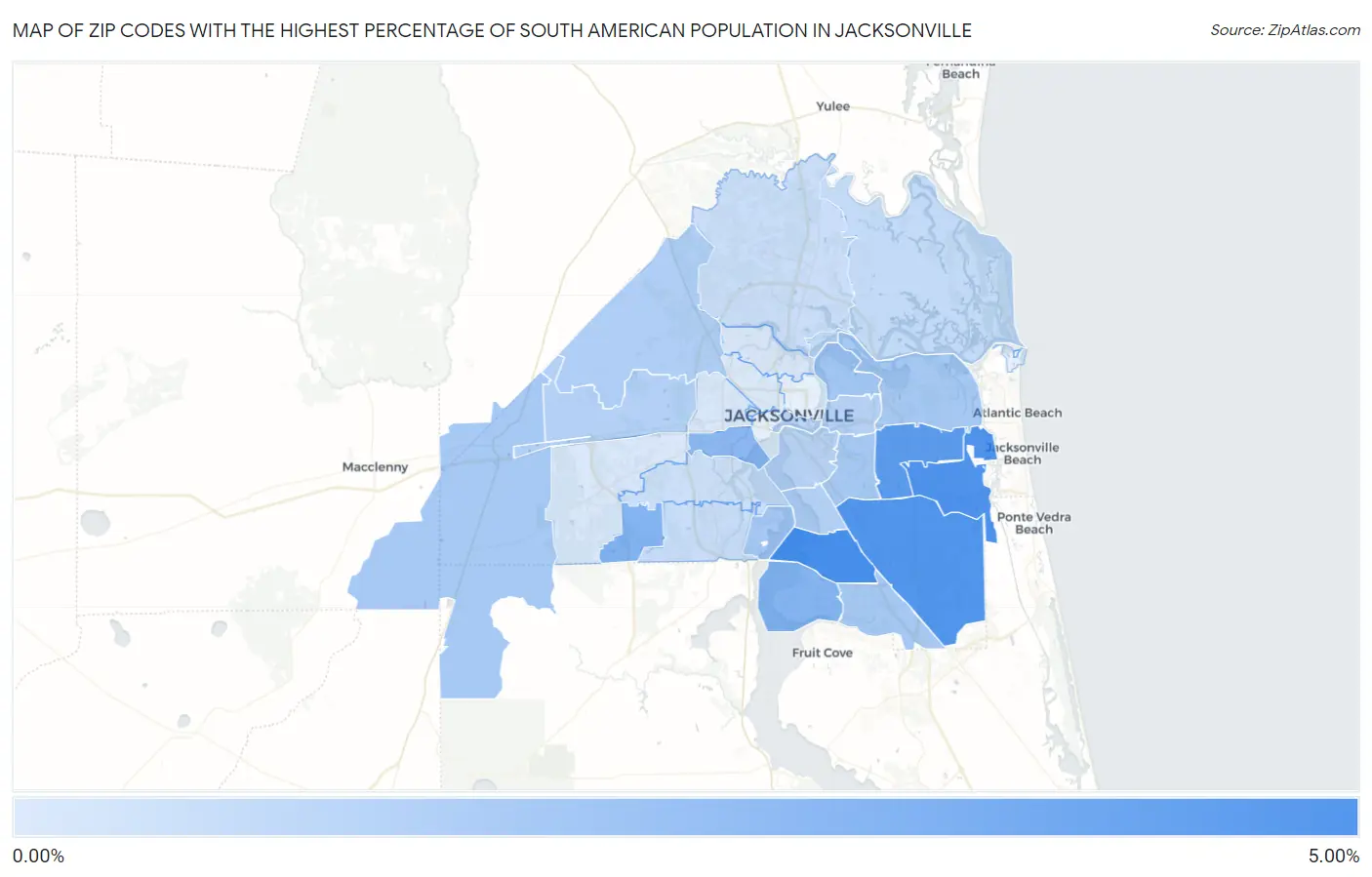 Zip Codes with the Highest Percentage of South American Population in Jacksonville Map