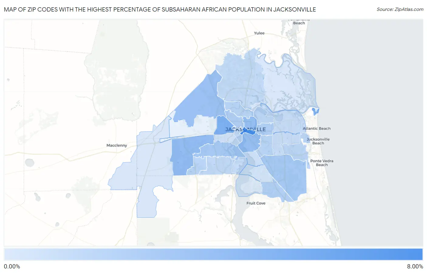 Zip Codes with the Highest Percentage of Subsaharan African Population in Jacksonville Map