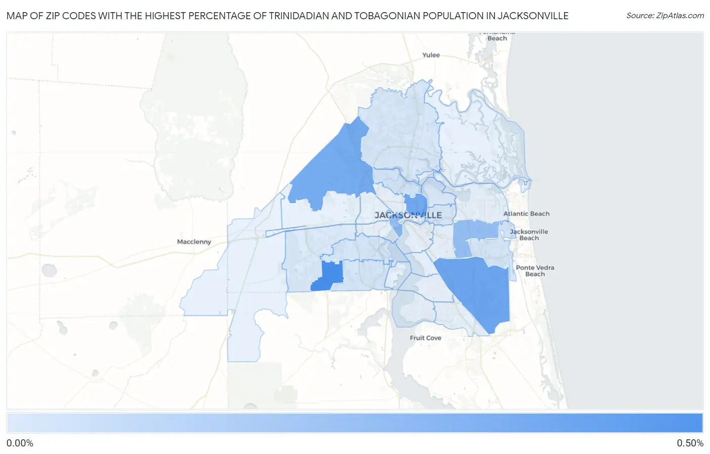 Zip Codes with the Highest Percentage of Trinidadian and Tobagonian Population in Jacksonville Map