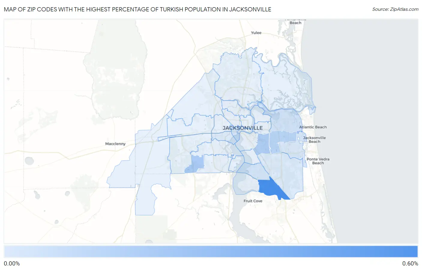 Zip Codes with the Highest Percentage of Turkish Population in Jacksonville Map