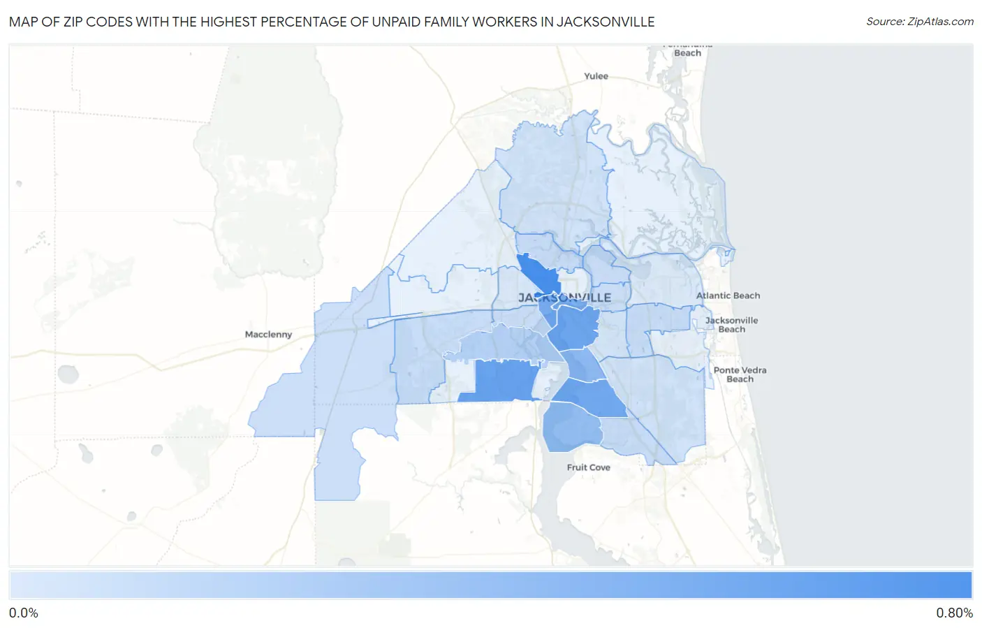 Zip Codes with the Highest Percentage of Unpaid Family Workers in Jacksonville Map