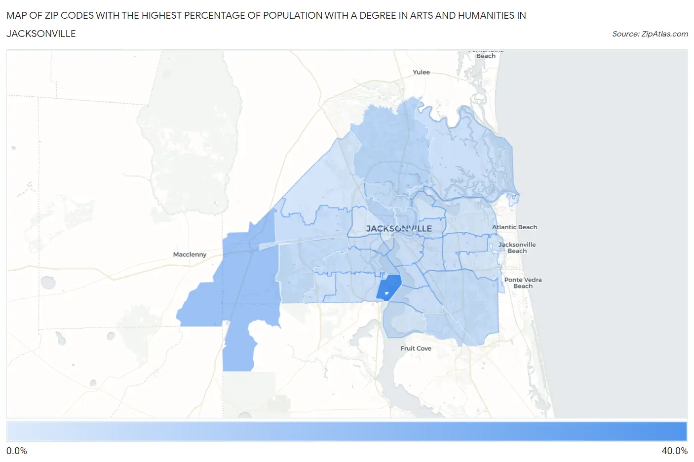 Zip Codes with the Highest Percentage of Population with a Degree in Arts and Humanities in Jacksonville Map