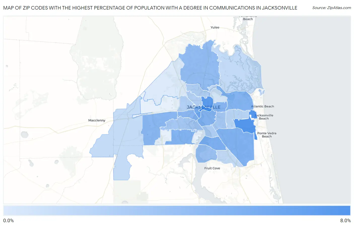 Zip Codes with the Highest Percentage of Population with a Degree in Communications in Jacksonville Map