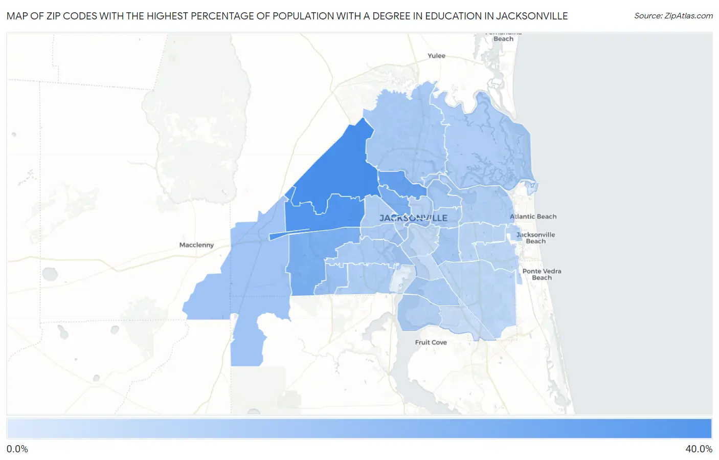 Zip Codes with the Highest Percentage of Population with a Degree in Education in Jacksonville Map