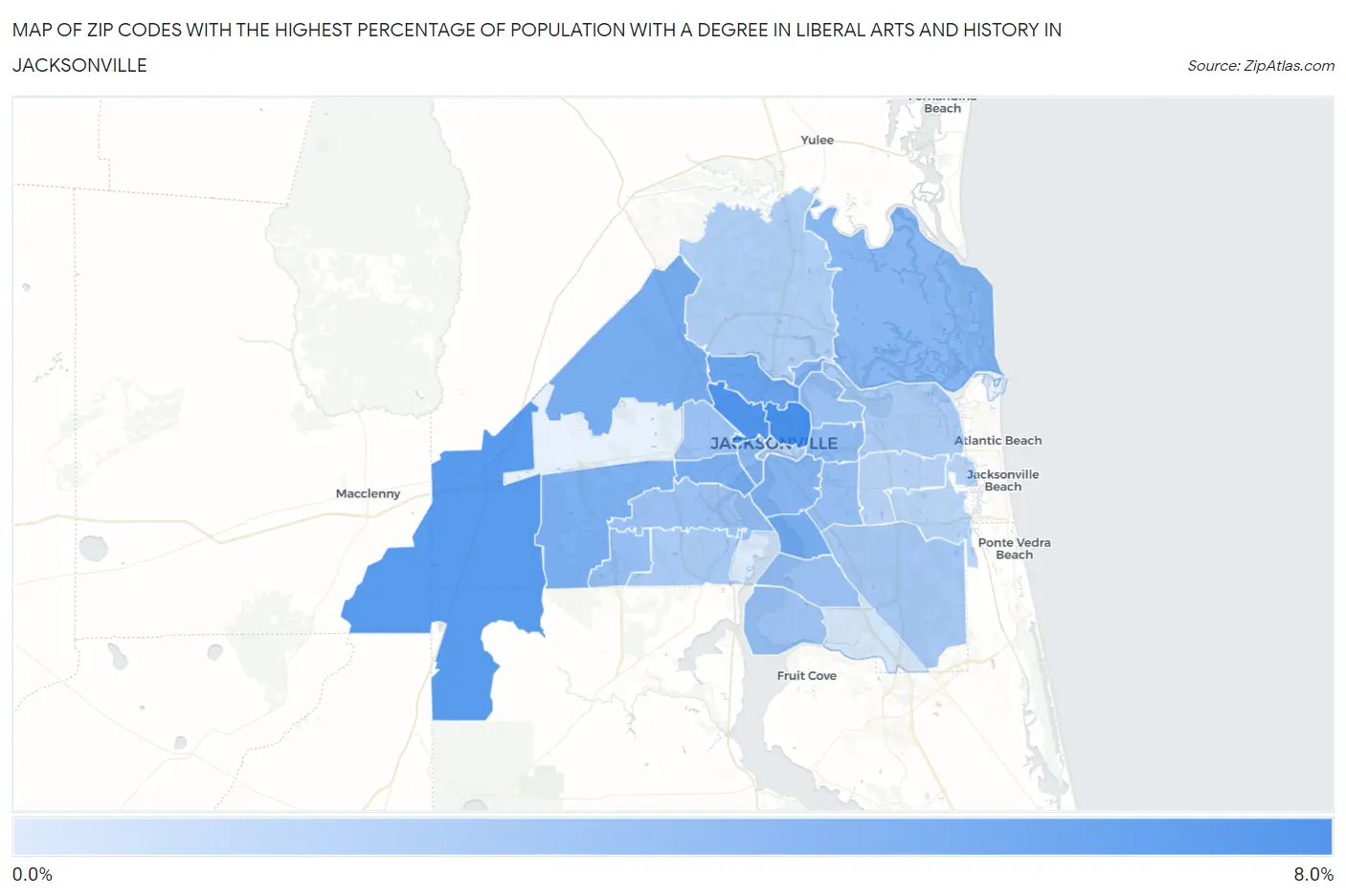 Zip Codes with the Highest Percentage of Population with a Degree in Liberal Arts and History in Jacksonville Map