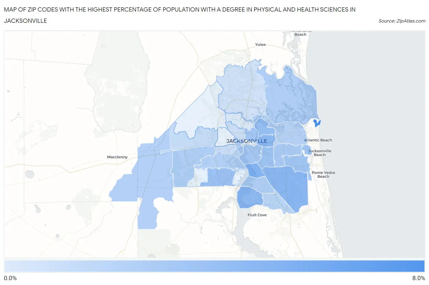 Zip Codes with the Highest Percentage of Population with a Degree in Physical and Health Sciences in Jacksonville Map
