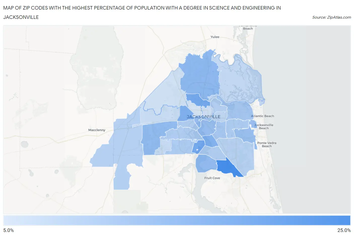 Zip Codes with the Highest Percentage of Population with a Degree in Science and Engineering in Jacksonville Map