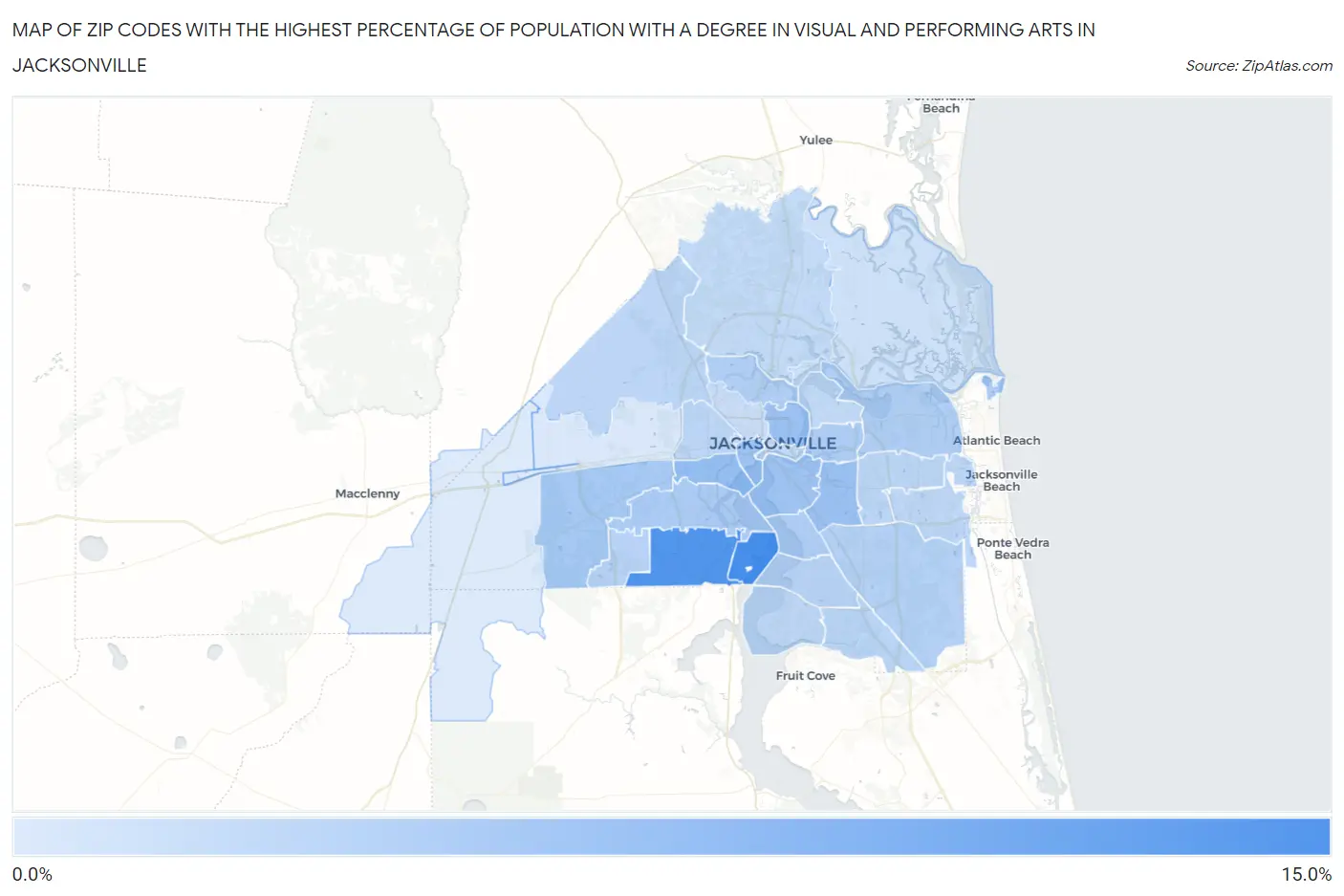 Zip Codes with the Highest Percentage of Population with a Degree in Visual and Performing Arts in Jacksonville Map
