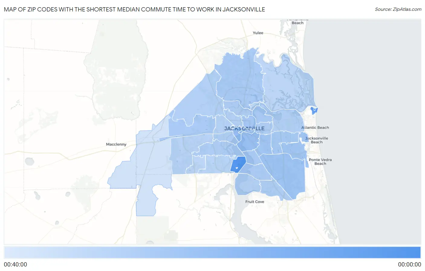 Zip Codes with the Shortest Median Commute Time to Work in Jacksonville Map