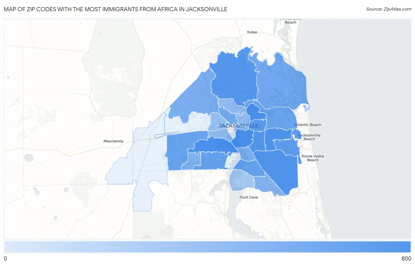 Zip Codes with the Most Immigrants from Africa in Jacksonville Map