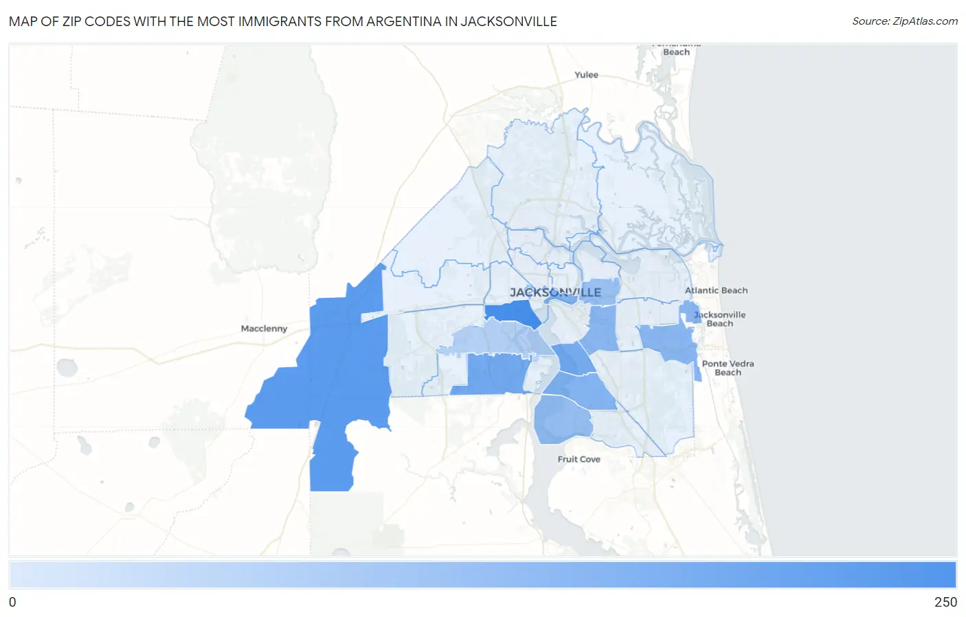 Zip Codes with the Most Immigrants from Argentina in Jacksonville Map