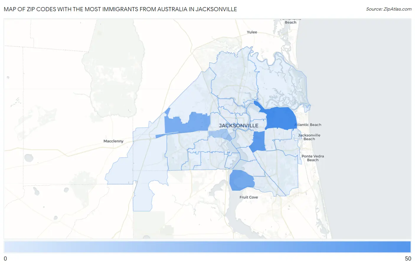 Zip Codes with the Most Immigrants from Australia in Jacksonville Map