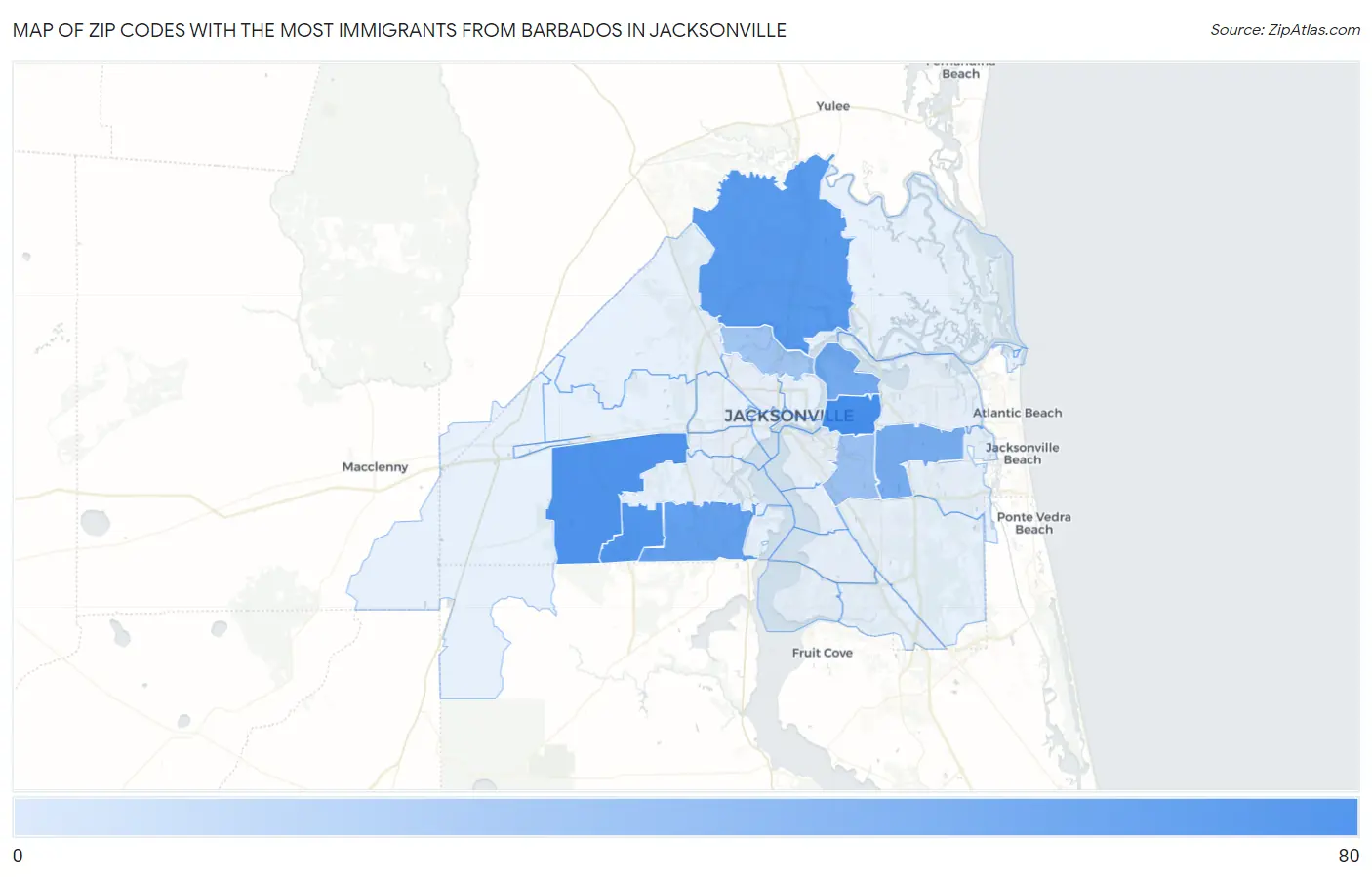 Zip Codes with the Most Immigrants from Barbados in Jacksonville Map