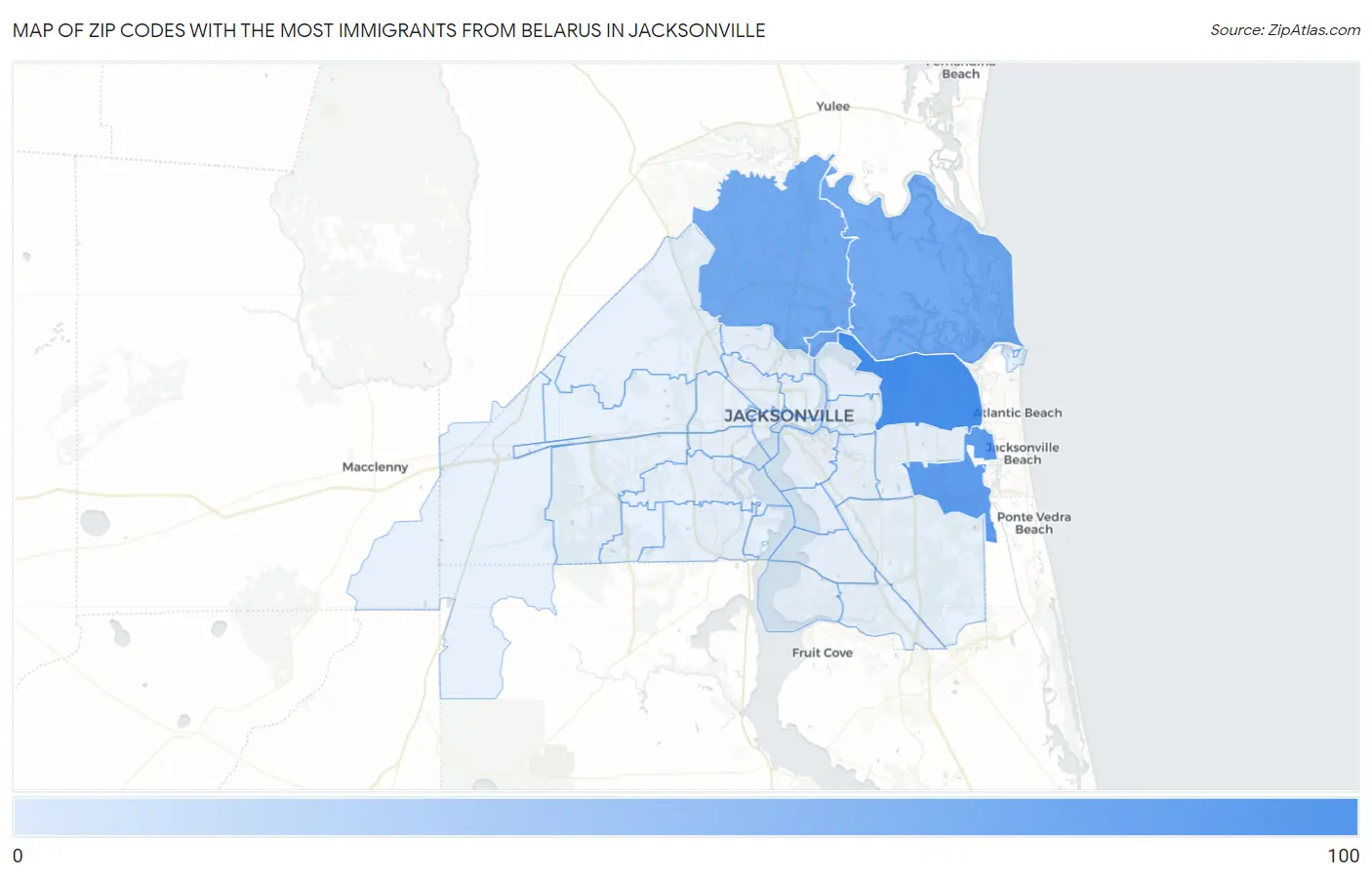 Zip Codes with the Most Immigrants from Belarus in Jacksonville Map