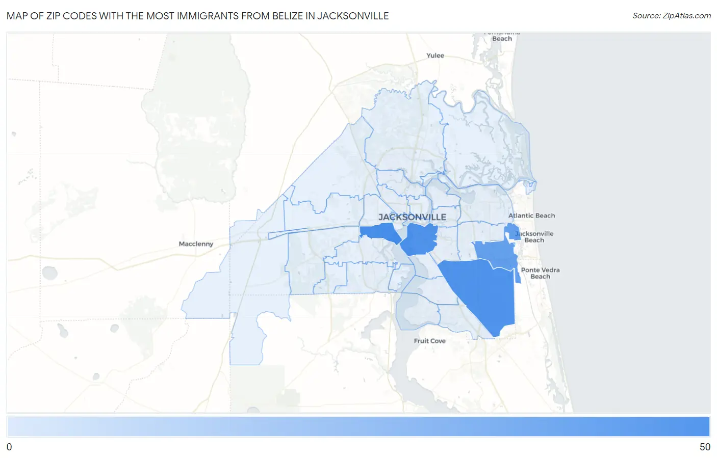 Zip Codes with the Most Immigrants from Belize in Jacksonville Map