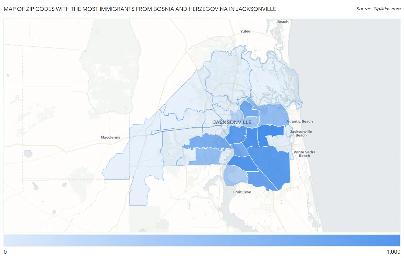 Zip Codes with the Most Immigrants from Bosnia and Herzegovina in Jacksonville Map