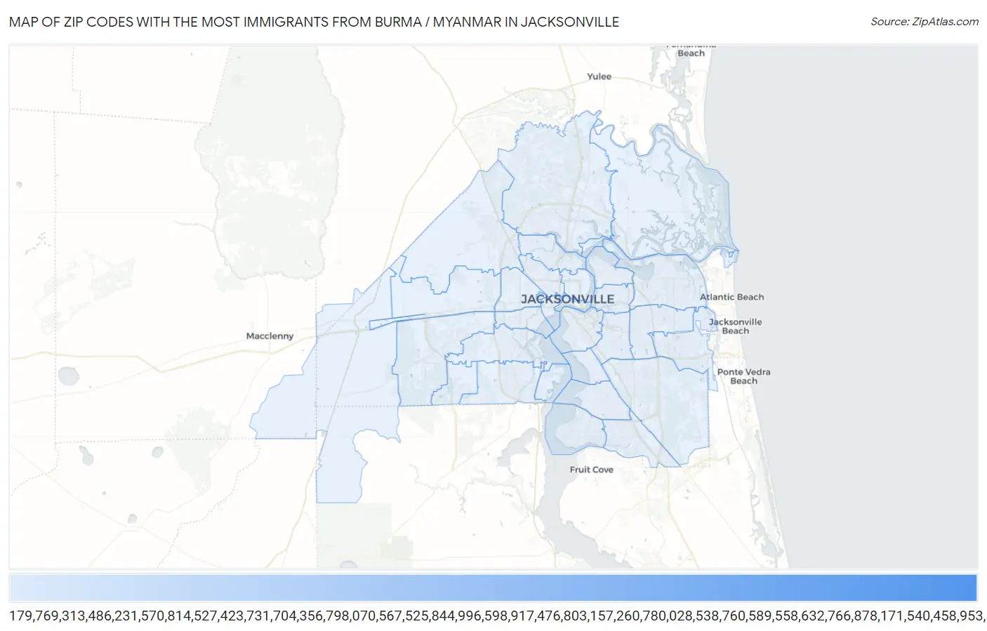 Zip Codes with the Most Immigrants from Burma / Myanmar in Jacksonville Map
