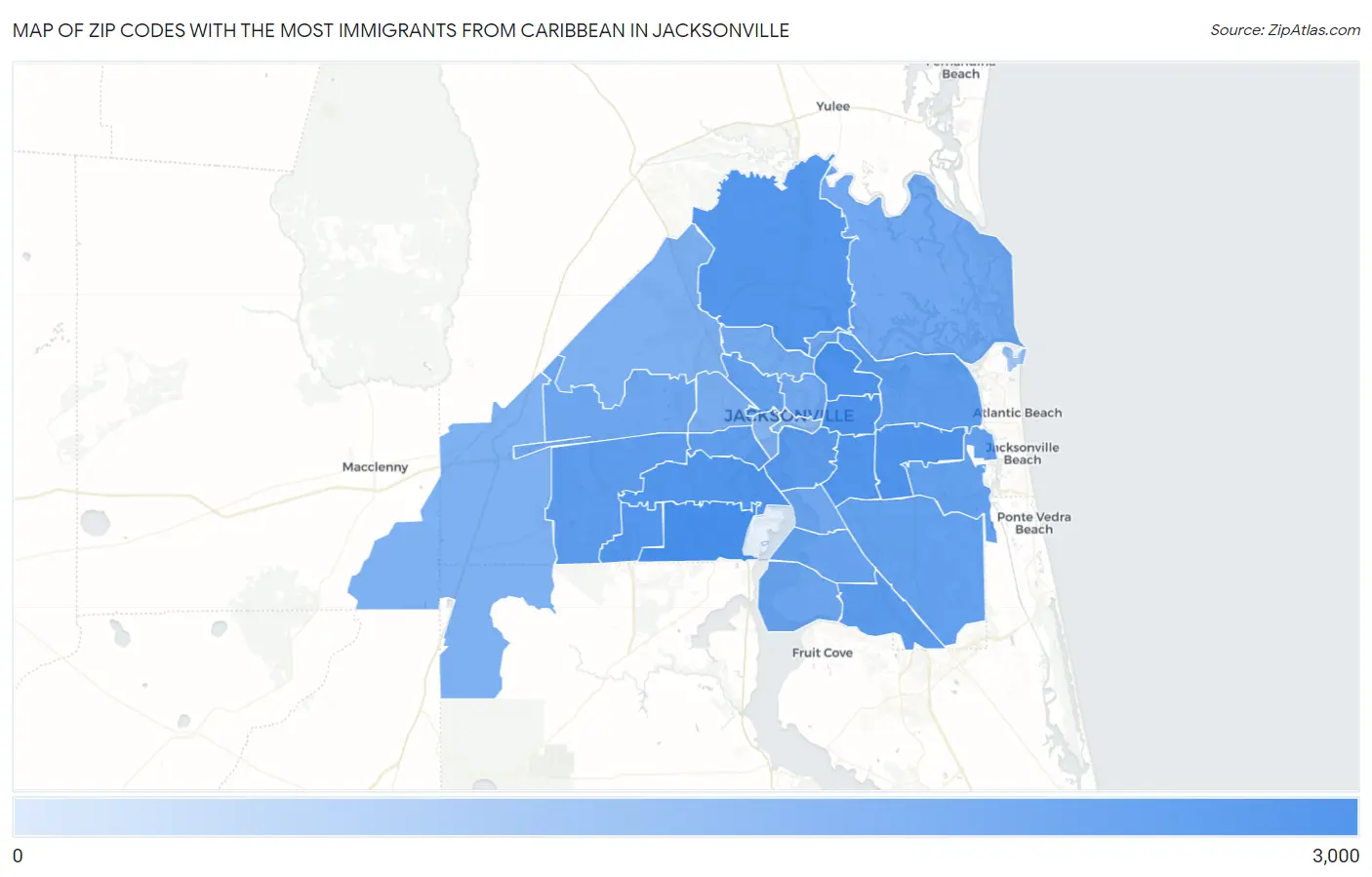 Zip Codes with the Most Immigrants from Caribbean in Jacksonville Map