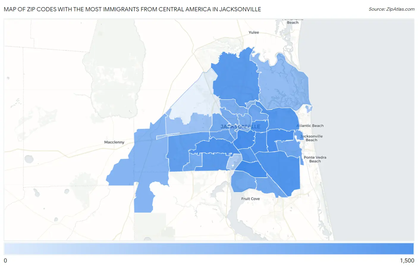 Zip Codes with the Most Immigrants from Central America in Jacksonville Map