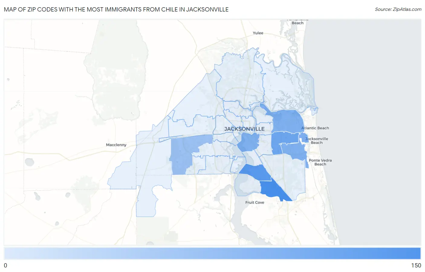 Zip Codes with the Most Immigrants from Chile in Jacksonville Map