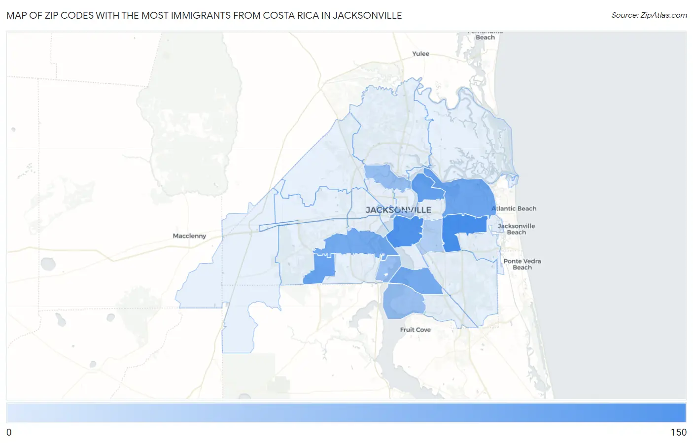 Zip Codes with the Most Immigrants from Costa Rica in Jacksonville Map
