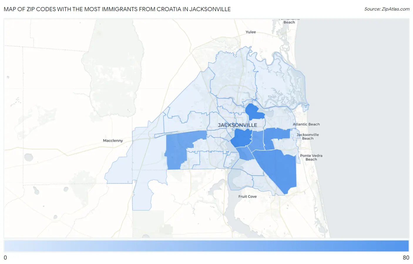 Zip Codes with the Most Immigrants from Croatia in Jacksonville Map