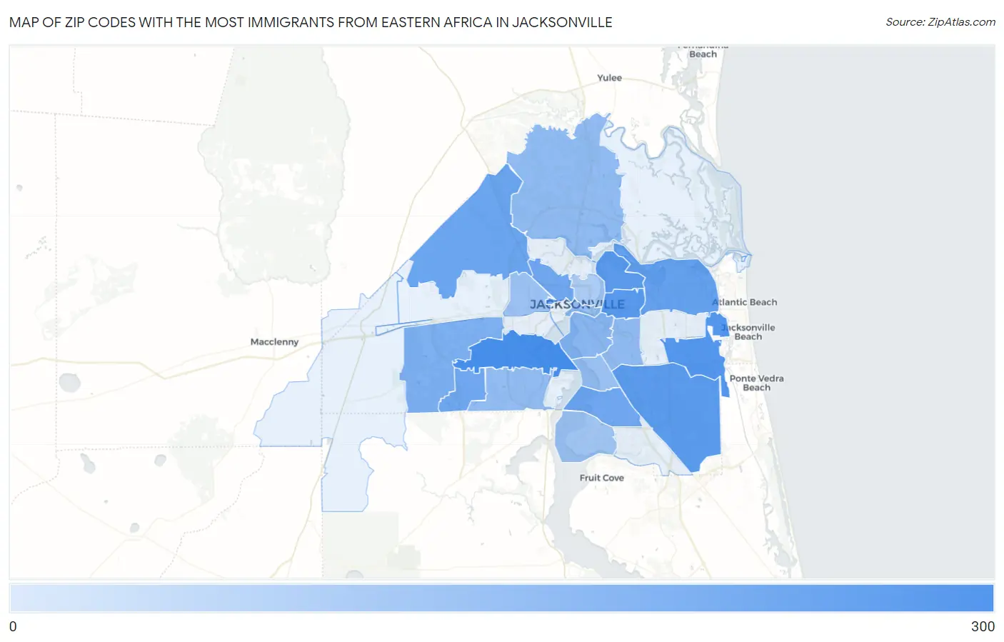 Zip Codes with the Most Immigrants from Eastern Africa in Jacksonville Map