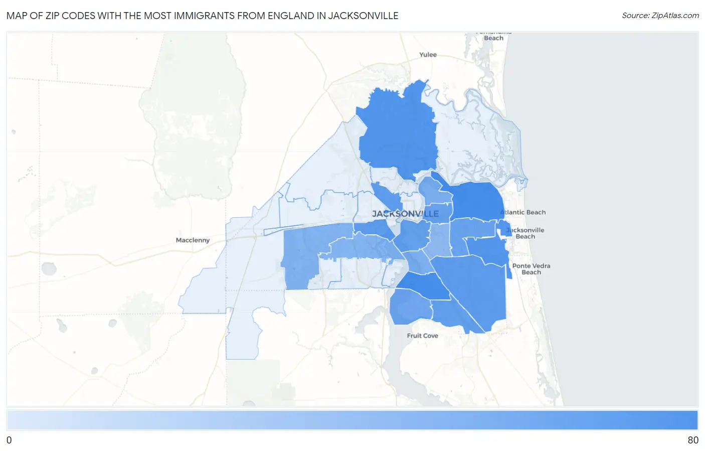 Zip Codes with the Most Immigrants from England in Jacksonville Map
