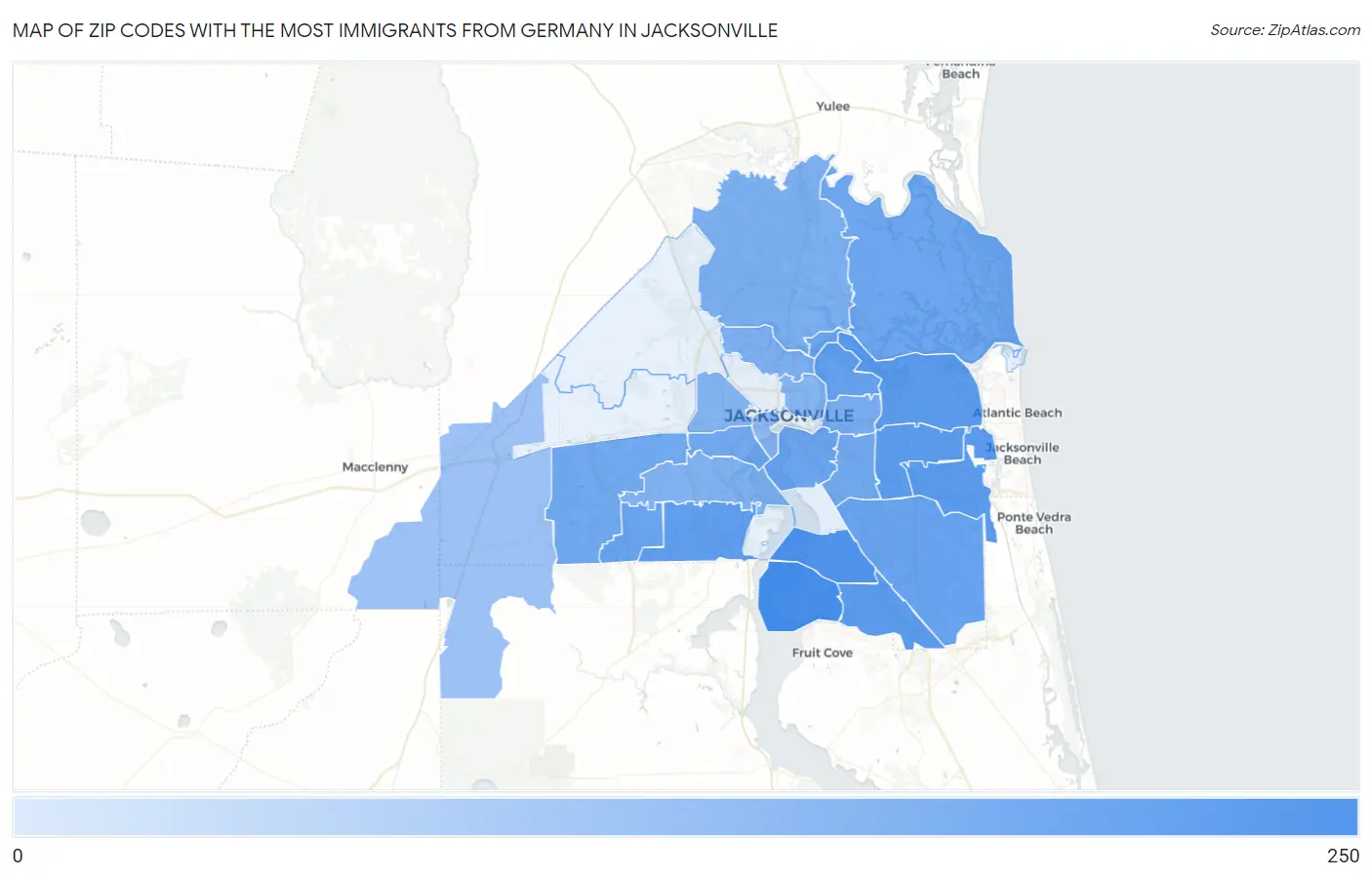 Zip Codes with the Most Immigrants from Germany in Jacksonville Map