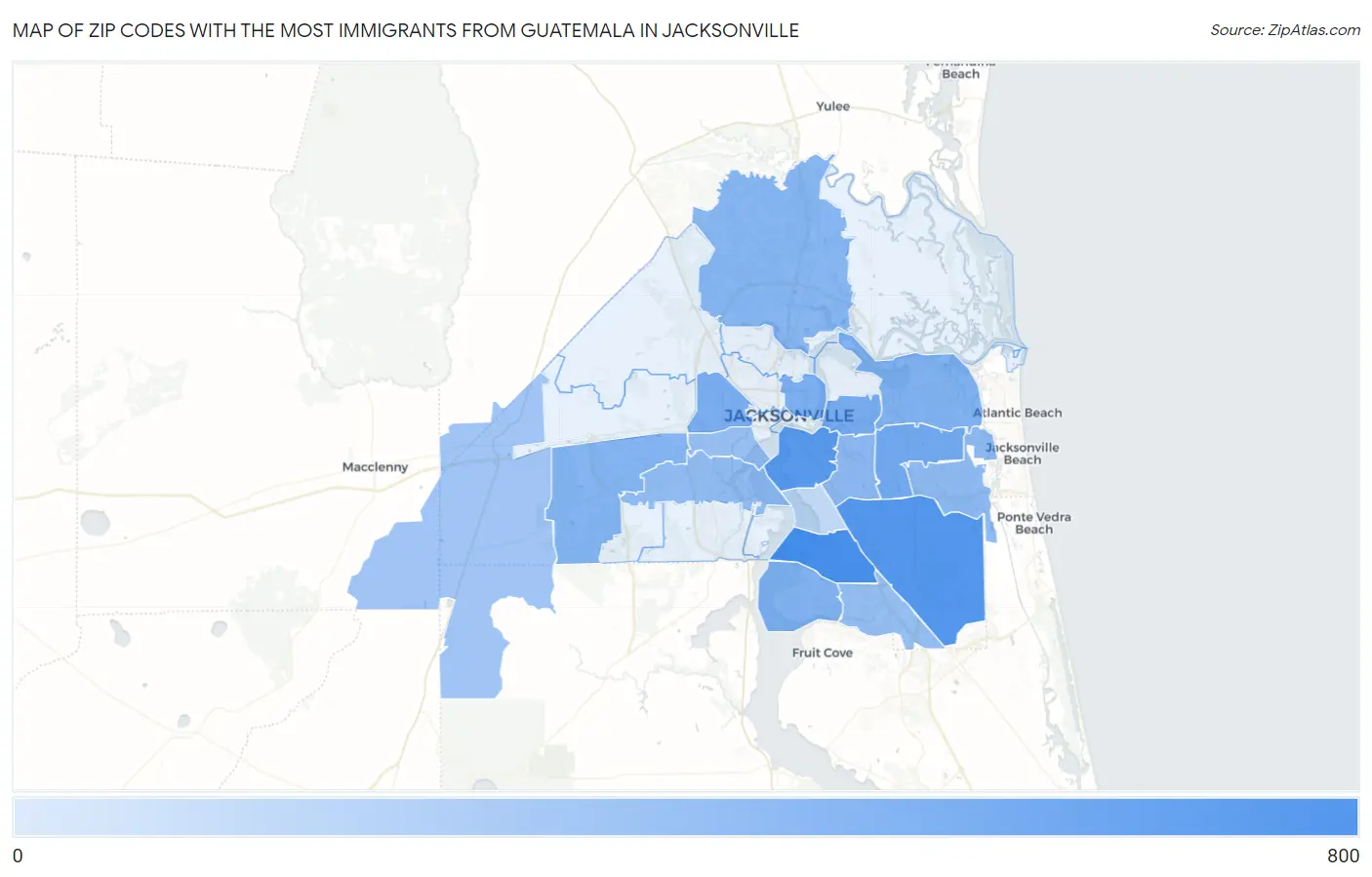 Zip Codes with the Most Immigrants from Guatemala in Jacksonville Map