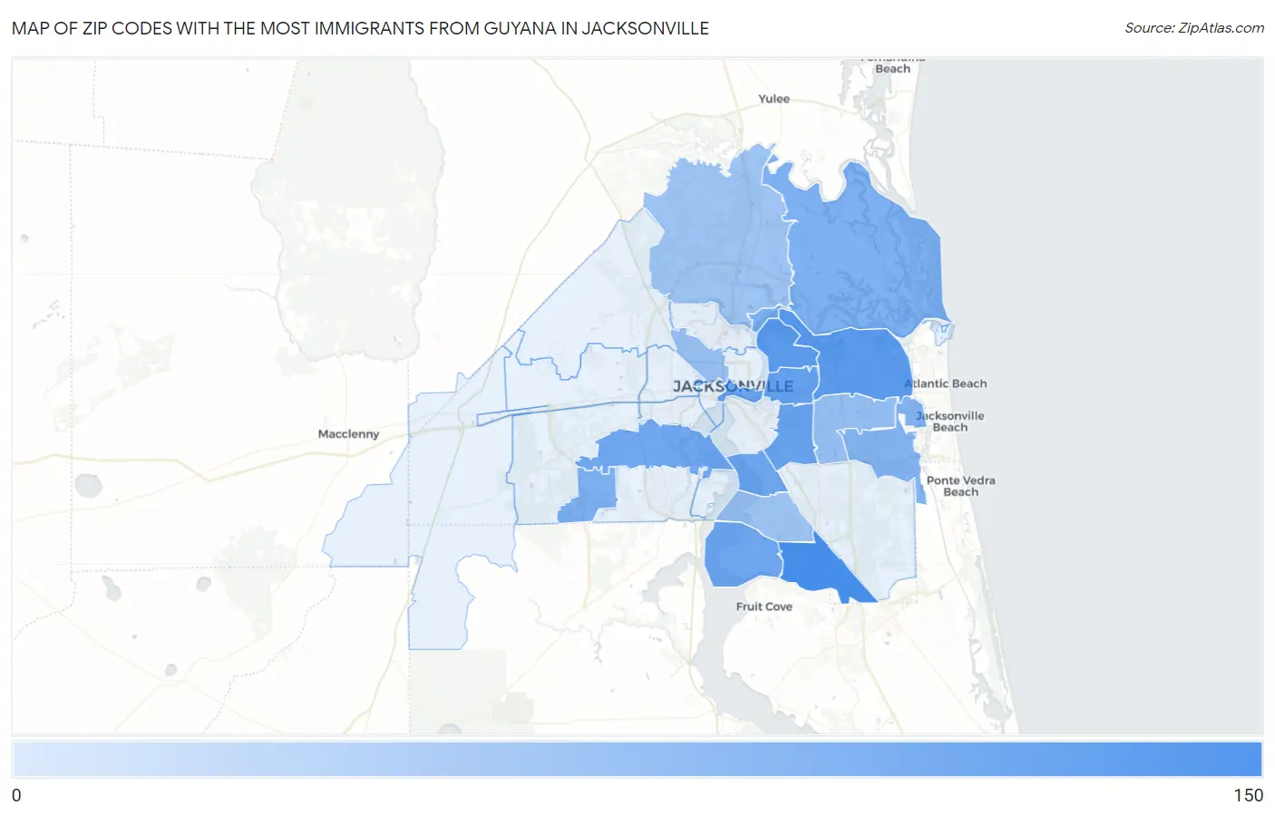 Zip Codes with the Most Immigrants from Guyana in Jacksonville Map