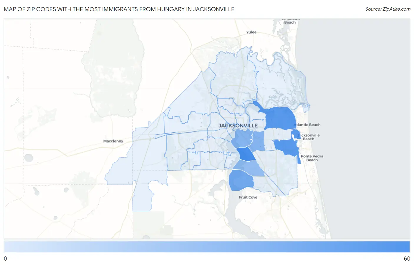 Zip Codes with the Most Immigrants from Hungary in Jacksonville Map